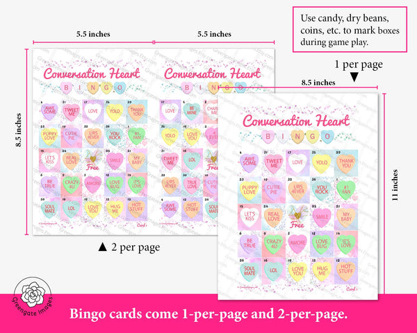 Conversation Heart Bingo - Prefilled - Printable Digital Download by Greengate Images