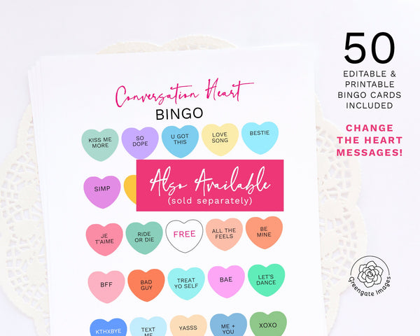 Conversation Heart Bingo - Prefilled - Printable Digital Download by Greengate Images