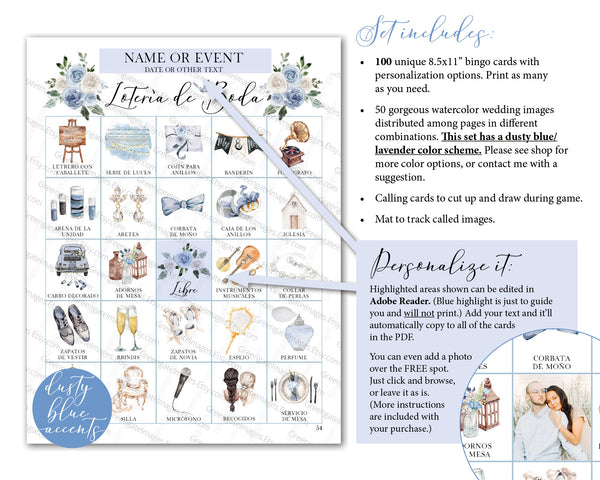Lotería de Boda - 100 card, Personalization, Dusty Blue - Printable Digital Download by Greengate Images