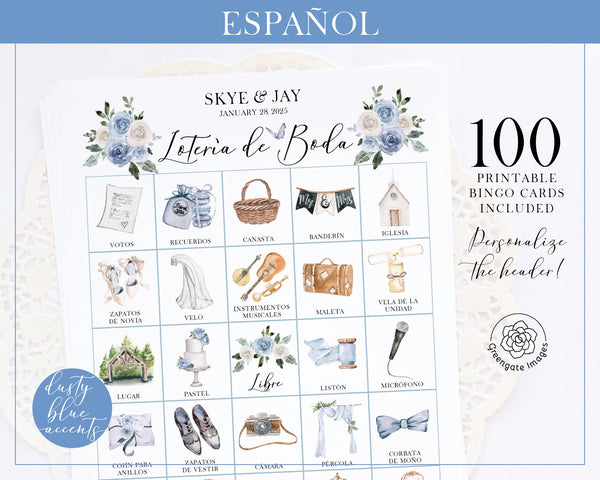 Lotería de Boda - 100 card, Personalization, Dusty Blue - Printable Digital Download by Greengate Images