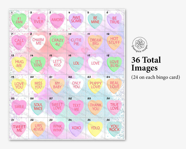 Conversation Heart Bingo - Prefilled - Printable Digital Download by Greengate Images