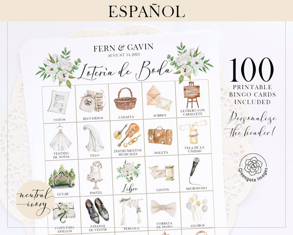 Ivory Lotería de Boda - 100 card, Personalization, Neutral/Ivory - Printable Digital Download by Greengate Images