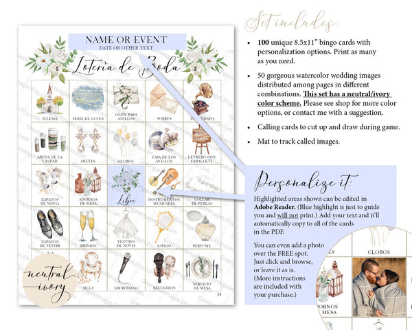 Ivory Lotería de Boda - 100 card, Personalization, Neutral/Ivory - Printable Digital Download by Greengate Images