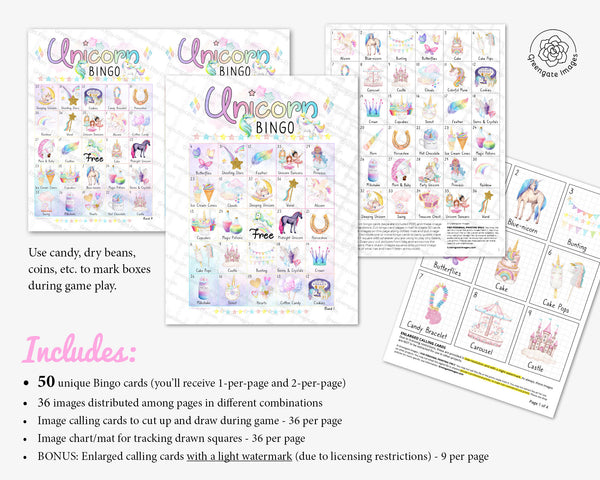 Unicorn Bingo - Kids Version - Printable Digital Download by Greengate Images
