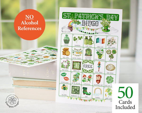 St. Patrick's Day (non-alcoholic) Bingo - 50 PRINTABLE unique cards. Instant digital download PDF. Fun activity for kids' St. Paddy's Party.