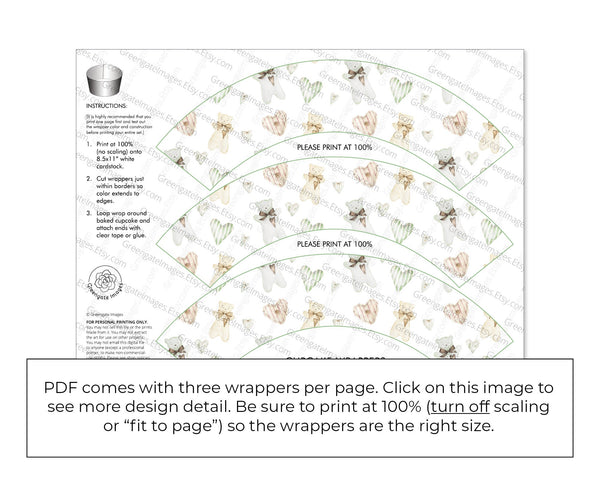Bears and Green Hearts Cupcake Wrapper - Printable Digital Download by Greengate Images