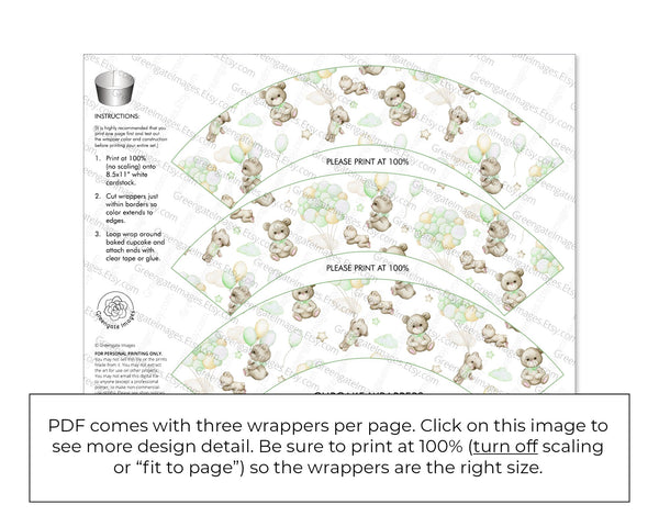 Bears and Green Balloons Cupcake Wrapper - Printable Digital Download by Greengate Images