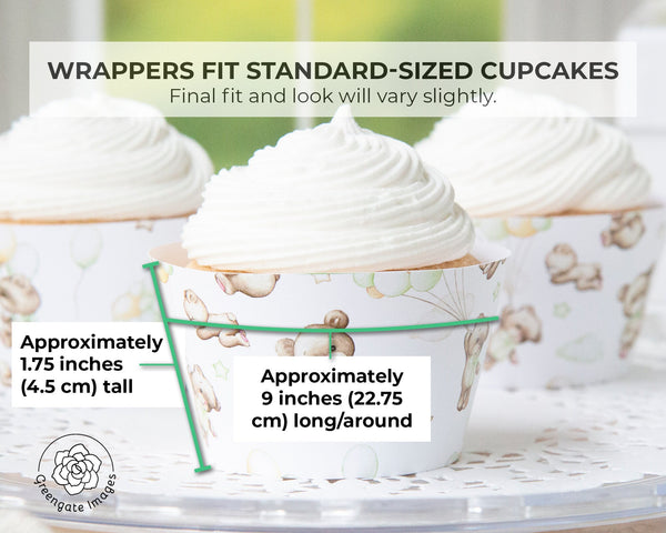 Bears and Green Balloons Cupcake Wrapper - Printable Digital Download by Greengate Images