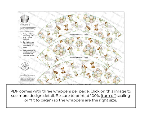 Bears and Pastel Balloons Cupcake Wrapper - Printable Digital Download by Greengate Images