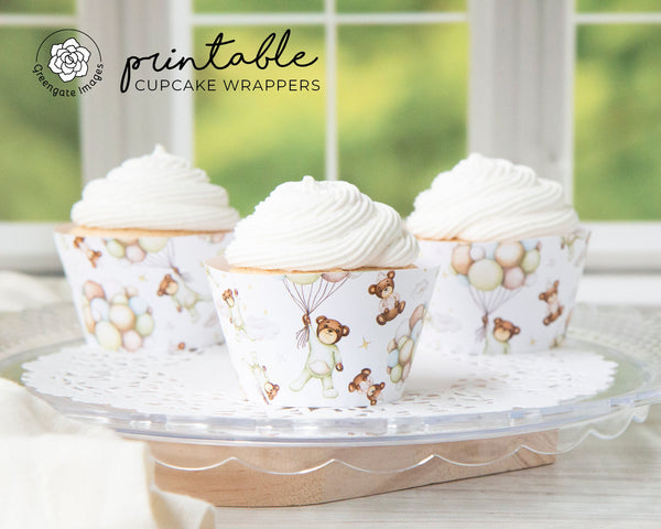 Bears and Pastel Balloons Cupcake Wrapper - Printable Digital Download by Greengate Images