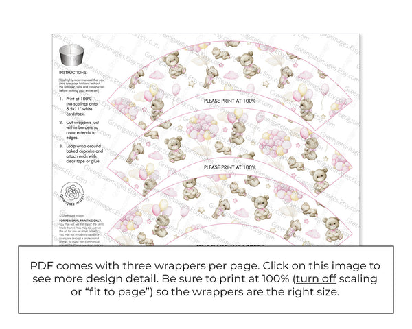 Bears and Pink Balloons Cupcake Wrapper - Printable Digital Download by Greengate Images