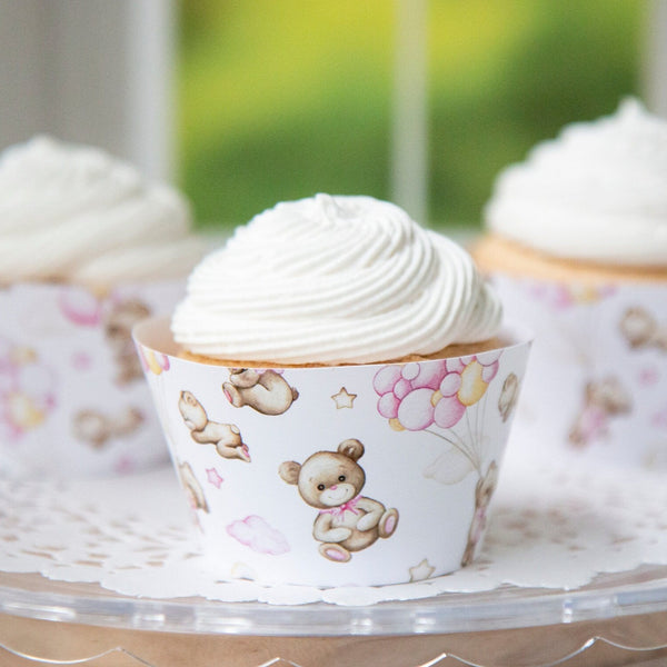 Bears and Pink Balloons Cupcake Wrapper - Printable Digital Download by Greengate Images