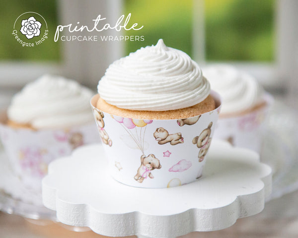 Bears and Pink Balloons Cupcake Wrapper - Printable Digital Download by Greengate Images