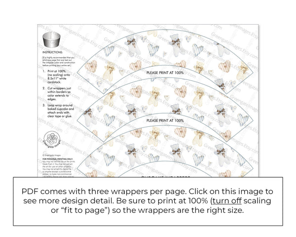 Bears and Blue Hearts Cupcake Wrapper - Printable Digital Download by Greengate Images