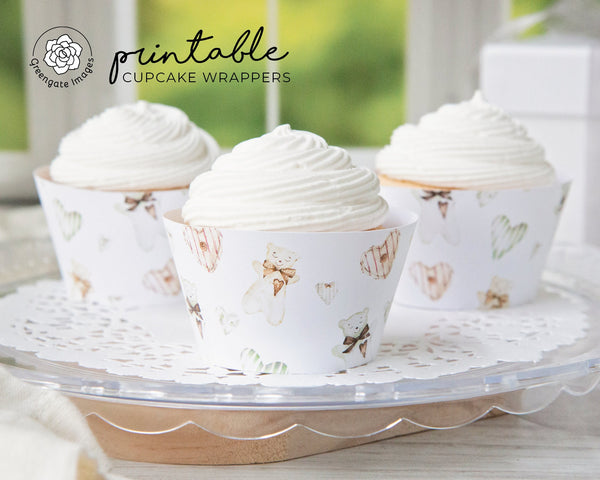 Bears and Green Hearts Cupcake Wrapper - Printable Digital Download by Greengate Images