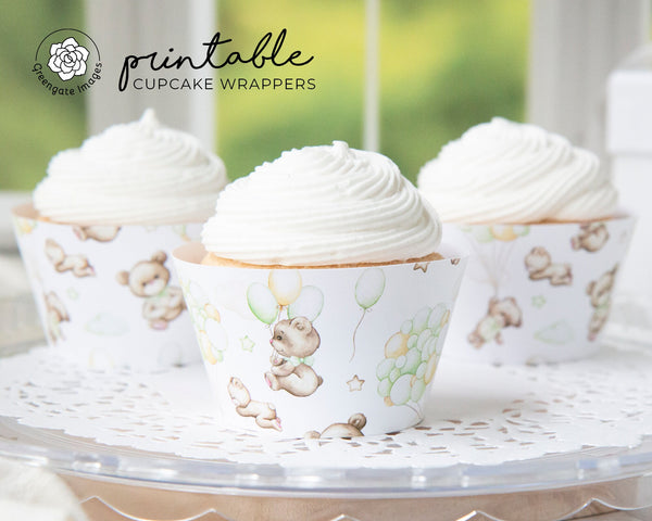 Bears and Green Balloons Cupcake Wrapper - Printable Digital Download by Greengate Images