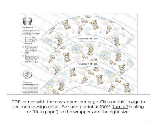 Bears and Blue Balloons Cupcake Wrapper - Printable Digital Download by Greengate Images