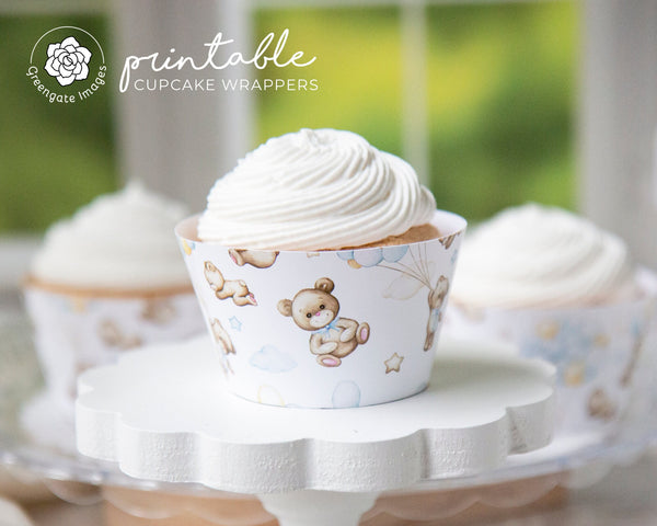 Bears and Blue Balloons Cupcake Wrapper - Printable Digital Download by Greengate Images