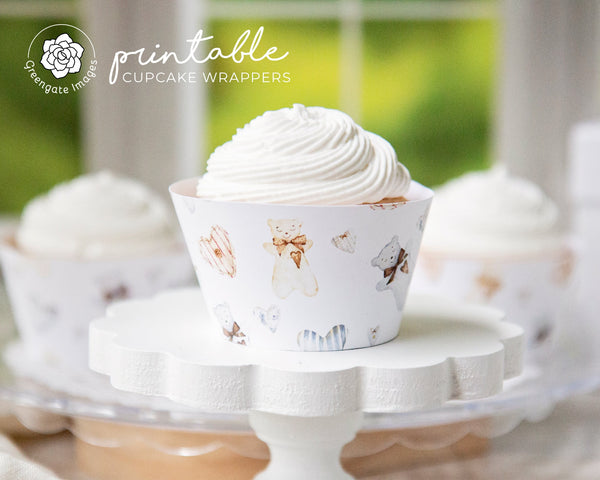 Bears and Blue Hearts Cupcake Wrapper - Printable Digital Download by Greengate Images