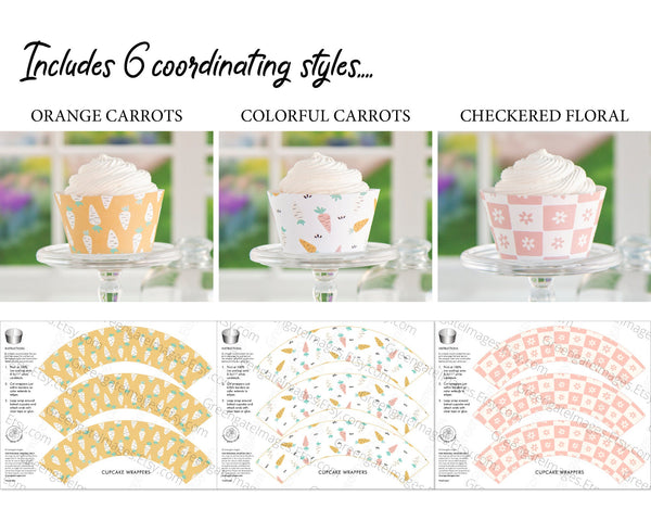 Easter Pastel Cupcake Wrapper Set - PRINTABLE cupcake wraps PDF. 6 cute coordinating spring designs with bunnies, flowers, and carrots.