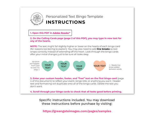 Conversation Heart Bingo - Editable Template - Greengate Images