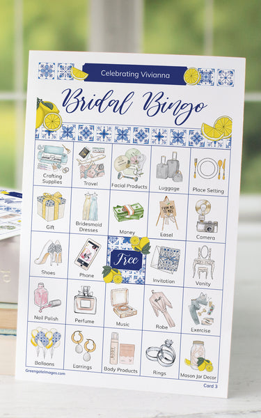 Lemons and Blue Tile Bridal Bingo Cards - Greengate Images
