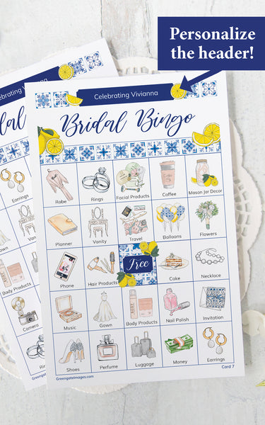 Lemons and Blue Tile Bridal Bingo Cards - Greengate Images