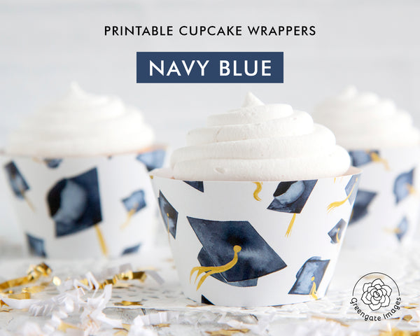 Navy Blue Graduation Cupcake Wrapper - Flying Caps - Greengate Images