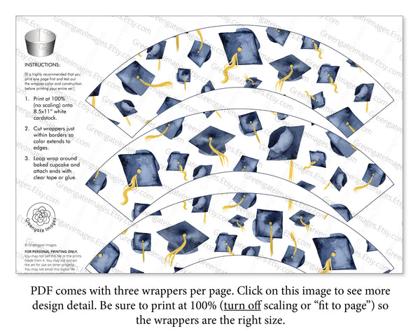 Navy Blue Graduation Cupcake Wrapper - Flying Caps - Greengate Images