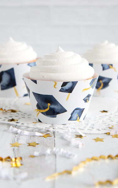Navy Blue Graduation Cupcake Wrapper - Flying Caps - Greengate Images