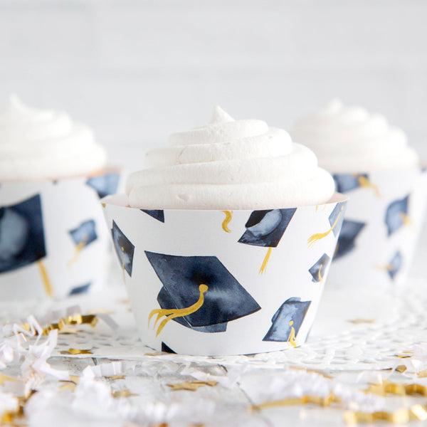 Navy Blue Graduation Cupcake Wrapper - Flying Caps - Greengate Images