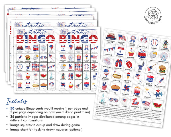 Patriotic Bingo Cards - Color - Greengate Images