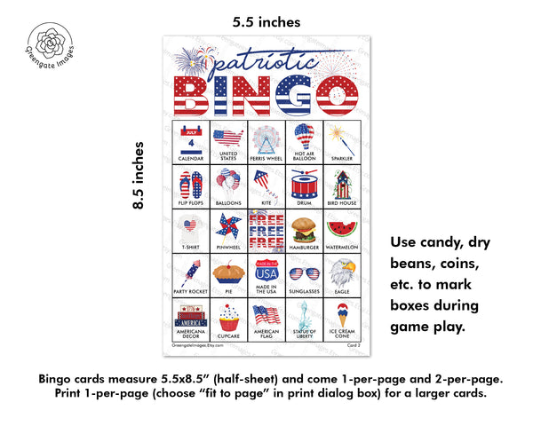 Patriotic Bingo Cards - Color - Greengate Images