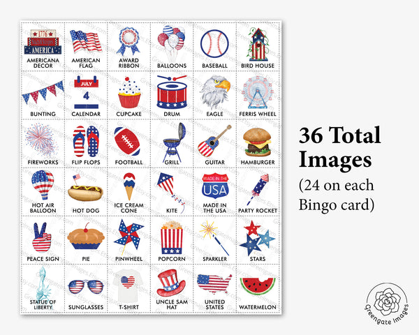 Patriotic Bingo Cards - Color - Greengate Images