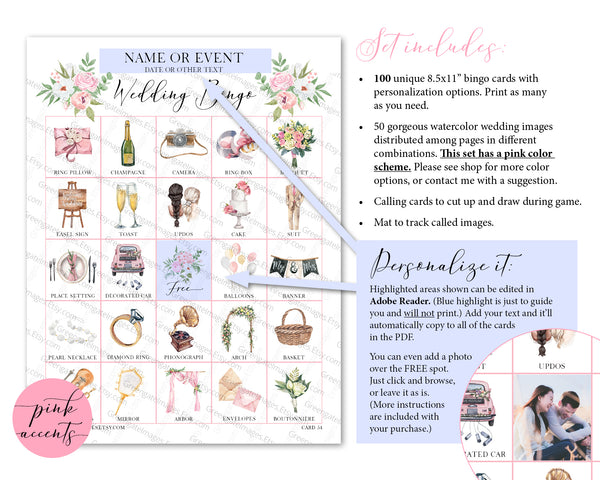 Wedding Bingo Cards - 100 card, Personalization, Pink - Greengate Images