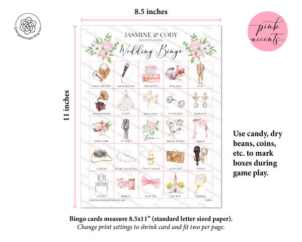 Wedding Bingo Cards - 100 card, Personalization, Pink - Greengate Images