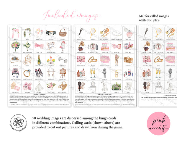 Wedding Bingo Cards - 100 card, Personalization, Pink - Greengate Images