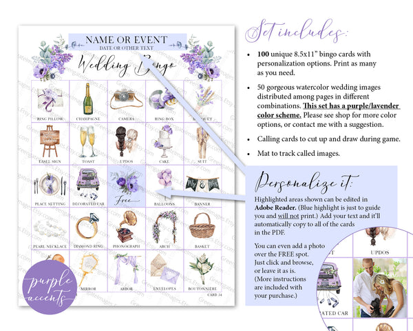 Wedding Bingo Cards - 100 card, Personalization, Purple - Greengate Images