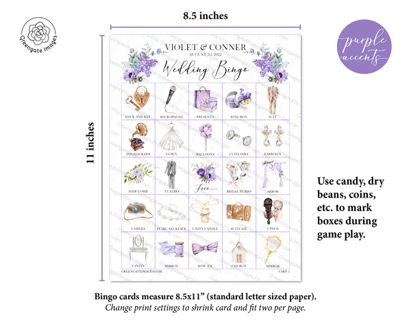 Wedding Bingo Cards - 100 card, Personalization, Purple - Greengate Images