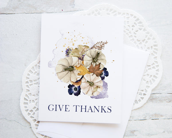 A2 Thanksgiving Note Card - Ivory Pumpkins and Purple Anemones