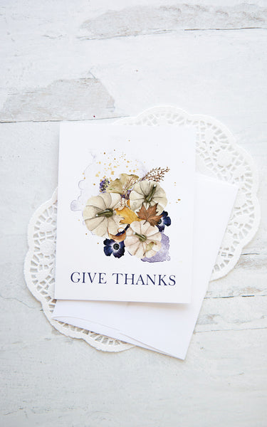 A2 Thanksgiving Note Card - Ivory Pumpkins and Purple Anemones - Greengate Images