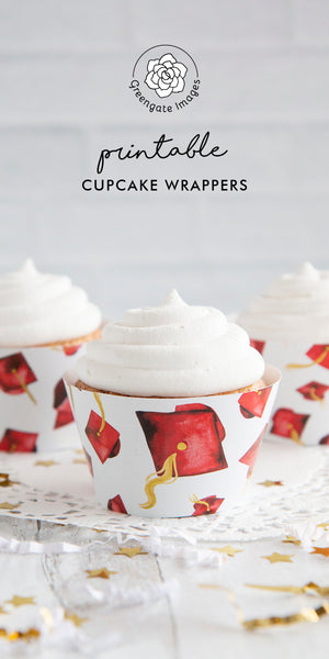 Red Graduation Cupcake Wrapper - Flying Caps - Greengate Images