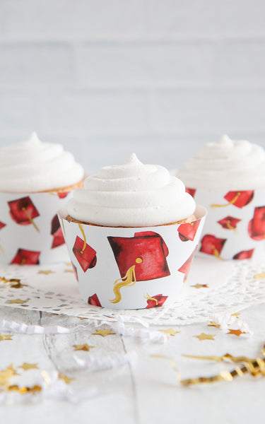 Red Graduation Cupcake Wrapper - Flying Caps - Greengate Images
