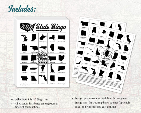 US State Bingo - Black and White - Greengate Images