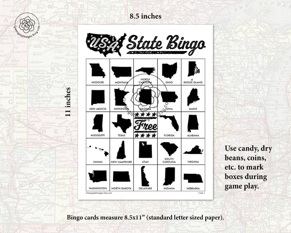 US State Bingo - Black and White - Greengate Images