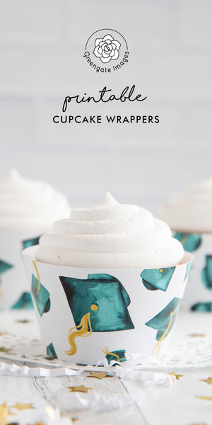 Teal Graduation Cupcake Wrapper - Flying Caps - Greengate Images