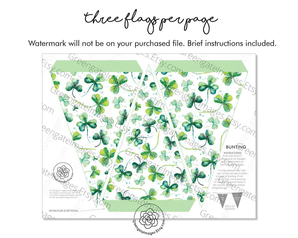 St. Patrick's Day Bunting - Watercolor Shamrocks – Greengate Images