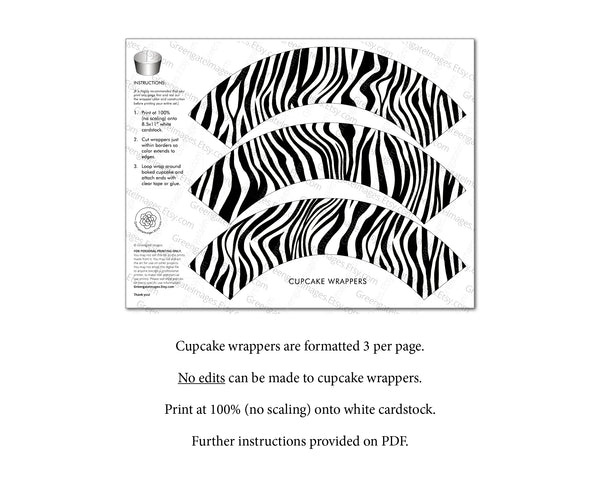 Zebra Print Cupcake Wrappers + Toppers - Greengate Images