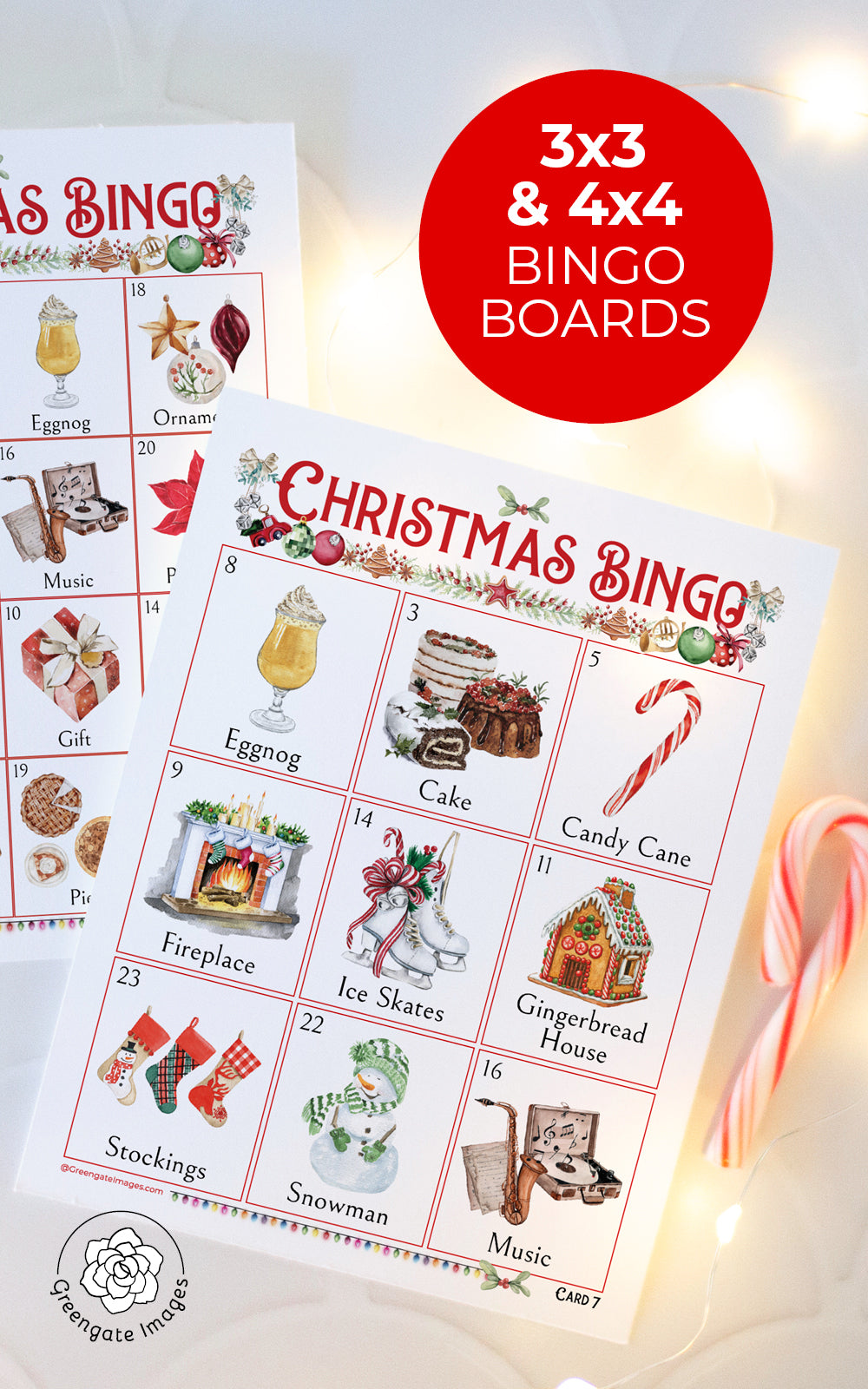 Christmas Bingo - 3x3 and 4x4 Large Print – Greengate Images for Free Printable Christmas Bingo Cards For 20