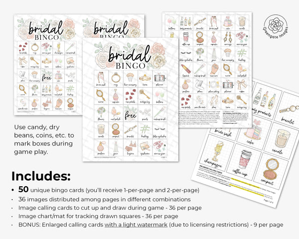 Bridal Bingo - 50 or 100 cards - Printable Digital Download by Greengate Images